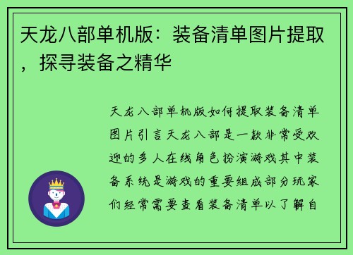 天龙八部单机版：装备清单图片提取，探寻装备之精华